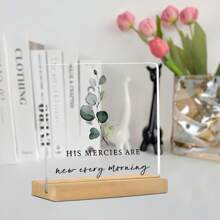1 pieza Placa acrílica cristiana "Sus misericordias se renuevan cada mañana" con soporte de madera, letrero acrílico inspirador con versículo bíblico y eucalipto para decorar el escritorio, el hogar, el dormitorio, la sala de estar y la estantería