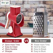 3-In-1 Rotary Food Processor - Manual Cheese Grater & Vegetable Slicer Set With Interchangeable Blades, Professional Grade For Kitchen/Restaurant, Effortless Shredding For Hard Cheese, Nuts, Chocolate Blocks - RedWhite - View 2