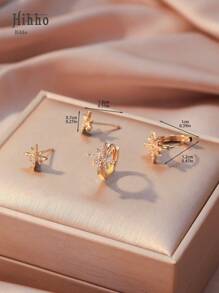 Hihho 4pcs/Set 8-Pointed Star Earrings, Creative Snowflake Cubic Zirconia Copper Earring Set, Suitable For Women, Geometric Copper Jewelry Design - Yellow Gold - View 3