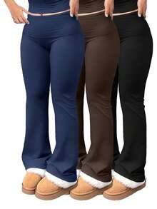 3pcs/Set Large Size Women's Casual High Yoga Pants Set   Elastic Waist Gym Workout Flare Leggings - Xanh navy + nâu cà phê + đen - Xem 1