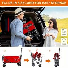 Heavy Duty All-Terrain Red Foldable Wagon, Stainless Steel Frame With 600D Oxford Fabric Material, Portable Multifunctional Camping/ Gardening/ Wheeled Shopping Cart/ No Assembly, Garden Tool Storage Rack, Sturdy Handle Design, Durable Construction, - Red - View 6