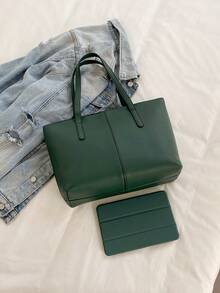 中号手提包和单肩包，女士 PU 皮革钱包，顶部提手（32 * 25 * 14 厘米）（中号） - 綠色 - 查看 8