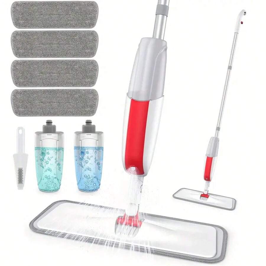 1 Set Microfiber Spray Mop For Hardwood Floors. Reusable Mop Base Suitable For Hardwood, Laminate, Vinyl And Tile Floors In Kitchen - Red and White - View 1