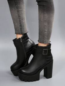 秋冬优雅女士高跟踝靴，带扣，系带，侧拉链设计，黑色美式踝靴适合日常穿着，四季靴子，女士靴子 - 黑色 - 查看 7