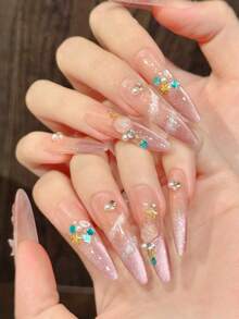 10Pcs Long Stiletto Handmade Press On Nails For Party And Daily Wear,Pink Nails,Pink Underwater World.,Long Nail,Easy To Wear 10Pcs Y2K Handmade Press On Nails,Summer Nails ,Summer Style,Suitable For Girls And Women Festivals Parties And Daily Wear Nail Supplies Nails