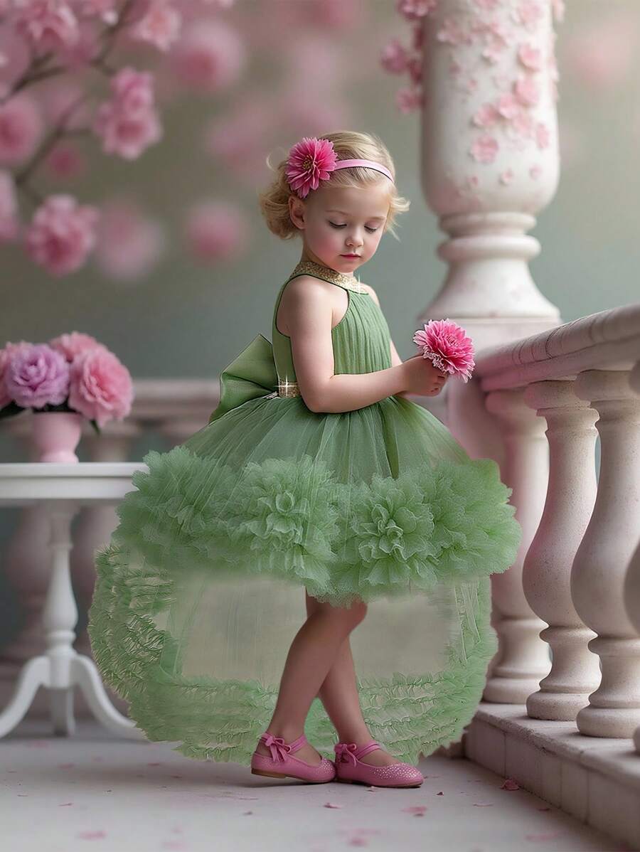 女婴亮片网纱露背蝴蝶结可爱一周岁生日拖尾礼服，适合派对、花童、婚礼等场合，不含头饰 - 綠色 - 查看 1