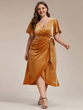Plus Size Elegant Tie Strap V Neck Evening Dresses Fall Wedding Guest Dresses For Ceremony Dinner Party