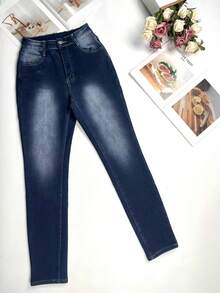 Winter Warm Thick Mid Waist Washed Elastic Skinny Jeans For Office Work Daily Wear - Blue - View 6