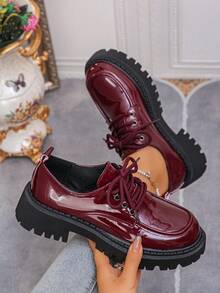 Black Thick Sole British Style Women's Loafers, Versatile JK School Uniform Dress Shoes, Round Toe Lace-Up Platform Mary Janes, Suitable For Students, Holidays, Summer