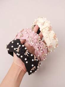 1 件甜美可爱的仿珍珠滴油蝴蝶结发带青少年，Y2K 风格蝴蝶结发饰，适合日常佩戴和婚礼，可爱的发带 - 彩色 - 查看 3