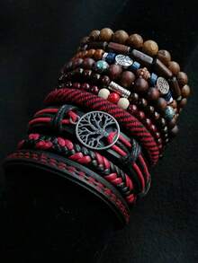 10pcs/Set  Punk Retro Life Tree Wooden Bead Alloy Charm Men Women Handmade Beaded Bracelet, Casual Wear