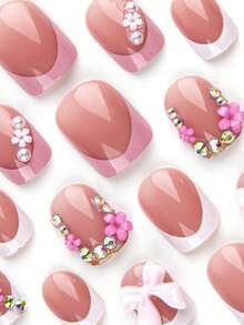 Instantly Upgrade Your Look With 24pcs Short Square White French Style Sweet 3D Pink Floral Petal&3D Bow-Knot Laser Glitter Nail Charms Homemade Full Cover Press On Nail Kit Suitable Daily Spring Will Give Your Look A - 粉色 - 查看 4