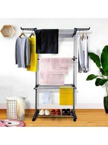 SUSZARKA DO PRANIA DUŻA XXL NA UBRANIA I BIELIZNĘ STOJĄCA SKŁADANA CZARNO-niebieski balkon, pralnia, wolnostojąca pionowa 'Suszarka do ubrań, składana suszarka do ubrań ze stali nierdzewnej, mobilna suszarka do ubrań, z 4 kółkami, drążki do suszenia ubrań, ubrania, suszarka' 4-poziomowa, na kółkach, regulacja szerokości, składane skrzydła, suszarka do ubrań, wieszak na ubrania.