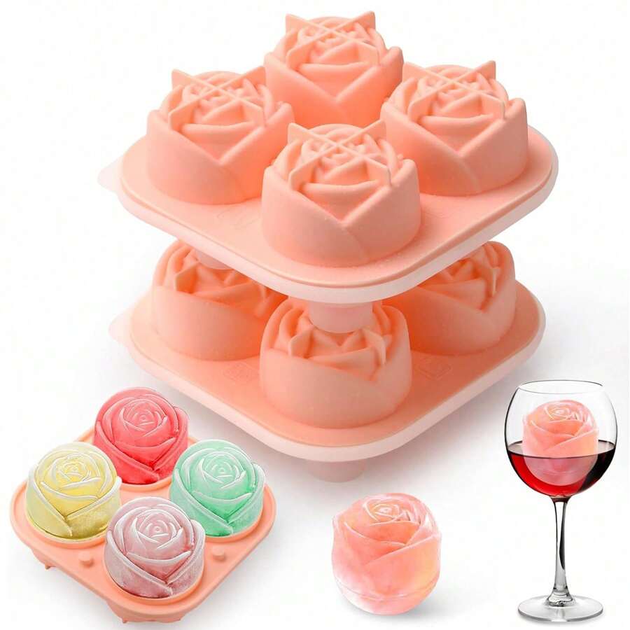 (Limited Time Offer) 1pc Baking Mold, Cake/Chocolate/Jelly/Pudding Mold With 4 Cavities, Rose Flower Ice Cube Tray With Lid, Silicone Ice Cube Tray, Suitable For Birthday Party, Gifts, Beverages, Coffee, Cocktails, Whiskey, Handmade Soap. Ice Cube Tray Can Make Soft Ice Cubes. - Multicolor - View 1