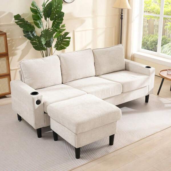 Divano relax, divano letto a L, divano imbottito con porte USB e Type-C, divano a 3 posti con due portabicchieri per soggiorno, appartamento,