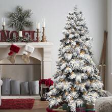 Snowflake Flocked Artificial Christmas Tree, Equipped With Warm White LED Light Strip And Metal Base, The Leaves Are Made Of Fireproof Material And Are Reusable. It Comes In 4 Sizes (5 Ft / 6 Ft / 7 Ft / 8 Ft), Christmas Decorations And The Best Birthday Gifts
