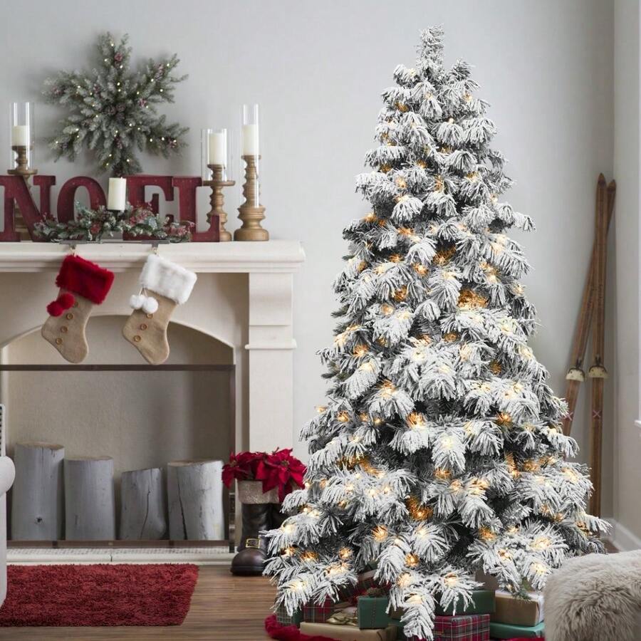 Snowflake Flocked Artificial Christmas Tree, Equipped With Warm White LED Light Strip And Metal Base, The Leaves Are Made Of Fireproof Material And Are Reusable. It Comes In 4 Sizes (5 Ft / 6 Ft / 7 Ft / 8 Ft), Christmas Decorations And The Best Birthday Gifts