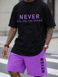 Manfinity LEGND Knitted Men's T-Shirt  For Everyday Comfort And Style Never Give Up Print Set Plus Size - Black 1 - View 1