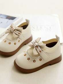 1 Pair Kids Cute Embroidered Bow PU Knit Slip-On Shoes, Suitable For Outdoor, Daily Wear, Party, School In Autumn/Winter - Beige - View 7