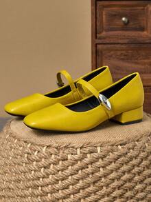 MonaNise 女士3厘米布面包跟黑色时尚百搭玛丽珍低跟粗跟优雅平底鞋，另有藏蓝色、咖啡色、酒红色可选 - 黃色 - 查看 5