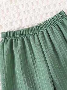 2pcs/Set Girls Casual Floral Ruffle Trim + 3D Bow Decoration Camisole & Loose Floral Ruffle Trim Pants Outdoor Suit, Spring/Summer - Green - View 7