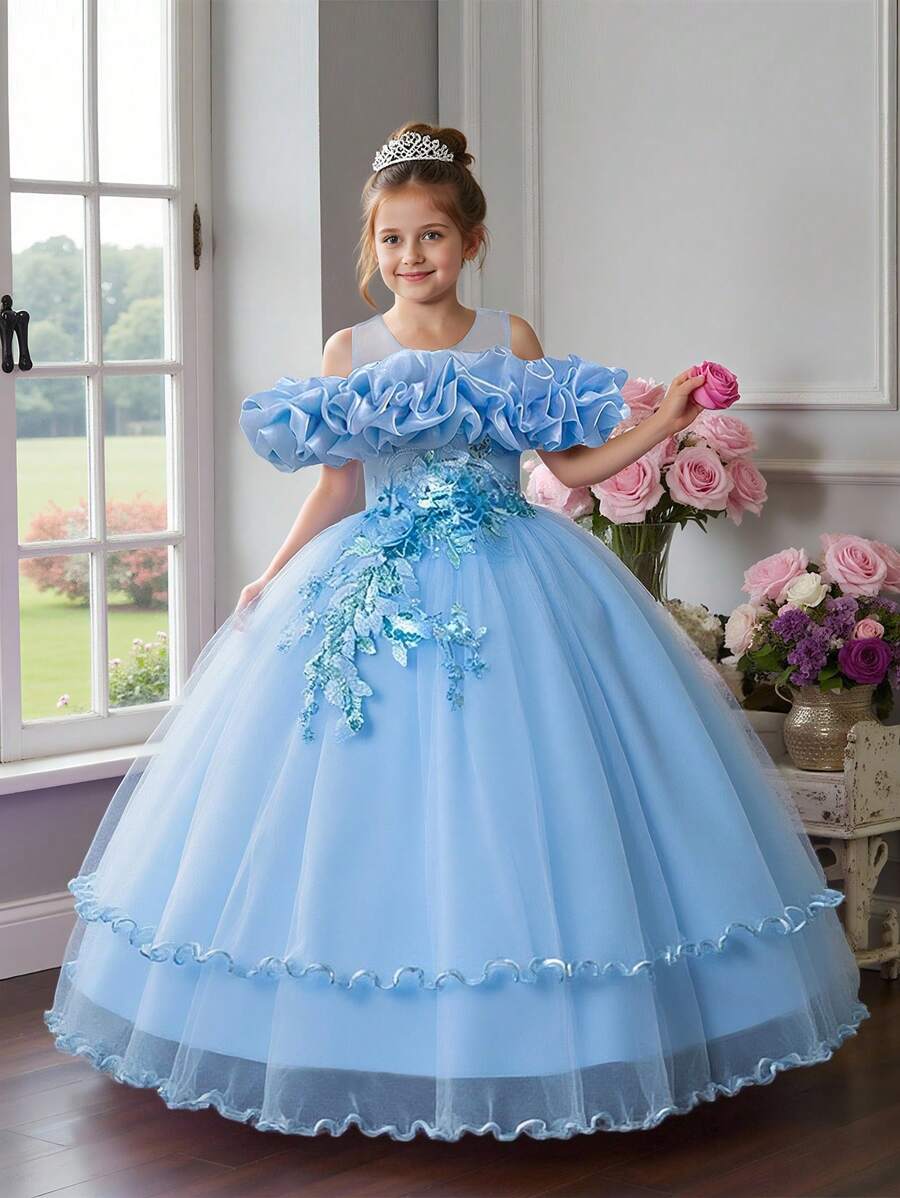Tween Girls Sequin & Faux Pearl Applique Tulle Puff Party Princess Dress, Suitable For Birthday Celebration, Prom, Faux Pearl Decor, No Headband Included - Baby Blue - View 1