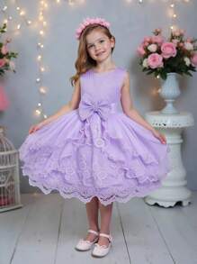 优雅刺绣蝴蝶网纱连衣裙，适合女孩，适合生日派对，不含头饰 - 紫色 - 查看 4