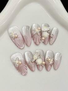 10Pcs Long Stiletto Handmade Press On Nails For Party And Daily Wear,Pink Nails,Pearl Shell Stereo Starfish Cat'S Eye.Long Nail,Easy To Wear 10Pcs Y2K Handmade Press On Nails,Summer Nails ,Summer Style,Suitable For Girls And Women Festivals Parties And Daily Wear Nail Supplies Nails