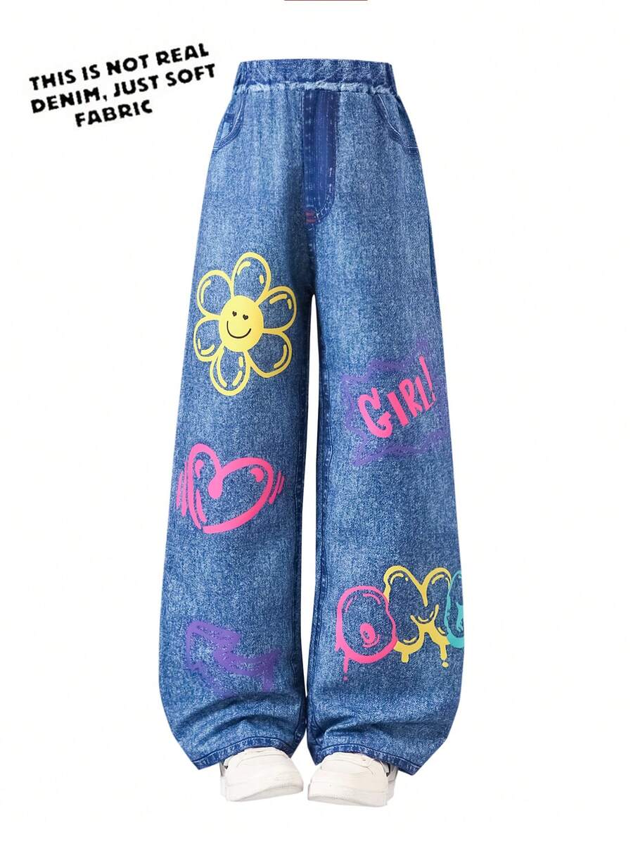 Tween Girls' Casual Floral Print Straight Leg Pants, Spring/Summer - Navy Blue - View 1