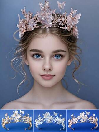 蝴蝶花水晶皇冠头饰、林地仙女花头饰、金色巴洛克手工皇冠新娘婚礼配饰、生日派对礼物
