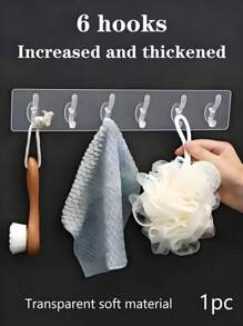 1pc Soft Transparent 6-Hook Acrylic Wall Hanger, (Not Suitable For Lime Walls As It Won't Stick), Can Be Adhered To Bathroom/Kitchen Tiles Or Smooth Painted Doors Back To School