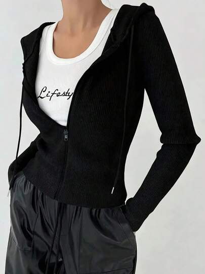 黑色休闲百搭修身连帽夹克，纯色罗纹拉链夹克，适合办公室、日常穿着、旅行、秋冬