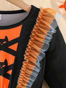 Little Toddler Girl Halloween Dress Bat Print Ruffled Trim Crew Neck Long Sleeve A Line Irregular Hem Mesh Dress - 橘色 - 查看 6