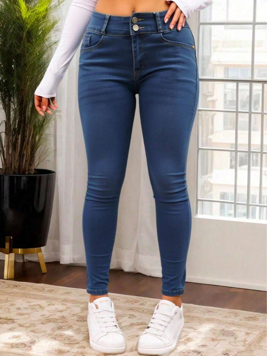Jeans Dama Skinny Mezclilla Stretch Tiro Alto Básico Curvy - Azul - Ver 1