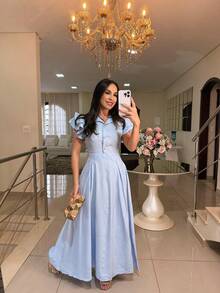 Elegant Long Dress With Puff Sleeves And Front Buttons – Sophisticated Look For Parties And Events - 淺藍色 - 查看 2