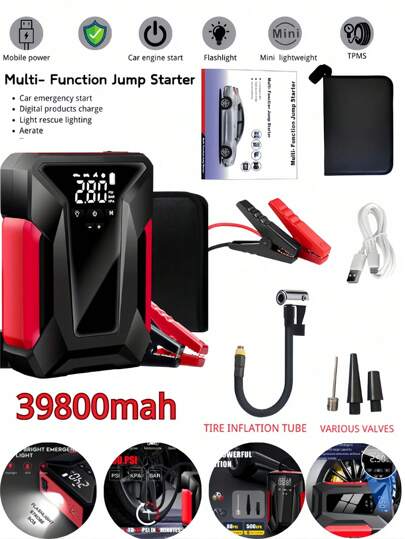 Portable Car Jump Starter With Air Compressor, Emergency LED Light And Power Bank - Quickly Charges Phones, Laptops, Cars, Trucks, RVs - Includes Storage Bag And Car Charger | Stylish Power Bank | Advanced Features, Portable Car Jump Starter