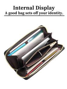 男士 PU 皮革拉链长钱包 - 12 个卡槽 + 手机袋、RFID 屏蔽、腕带、纤薄商务手拿包（黑色） - 黑色 - 查看 4