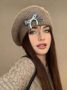 1pc Women's Bow Beret Hat, Casual Warm Knitted Fuzzy Painter Beret Cap, Large Circumference, Versatile, Suitable For Outdoor, Dating, Gathering, Daily Use, Autumn/Winter Autumn Accessories