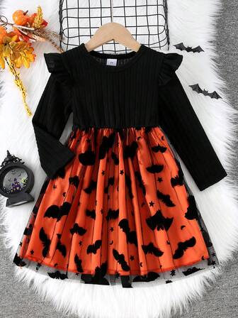 女孩万圣节拉绒罗纹盖袖圆领长袖蝙蝠网连衣裙