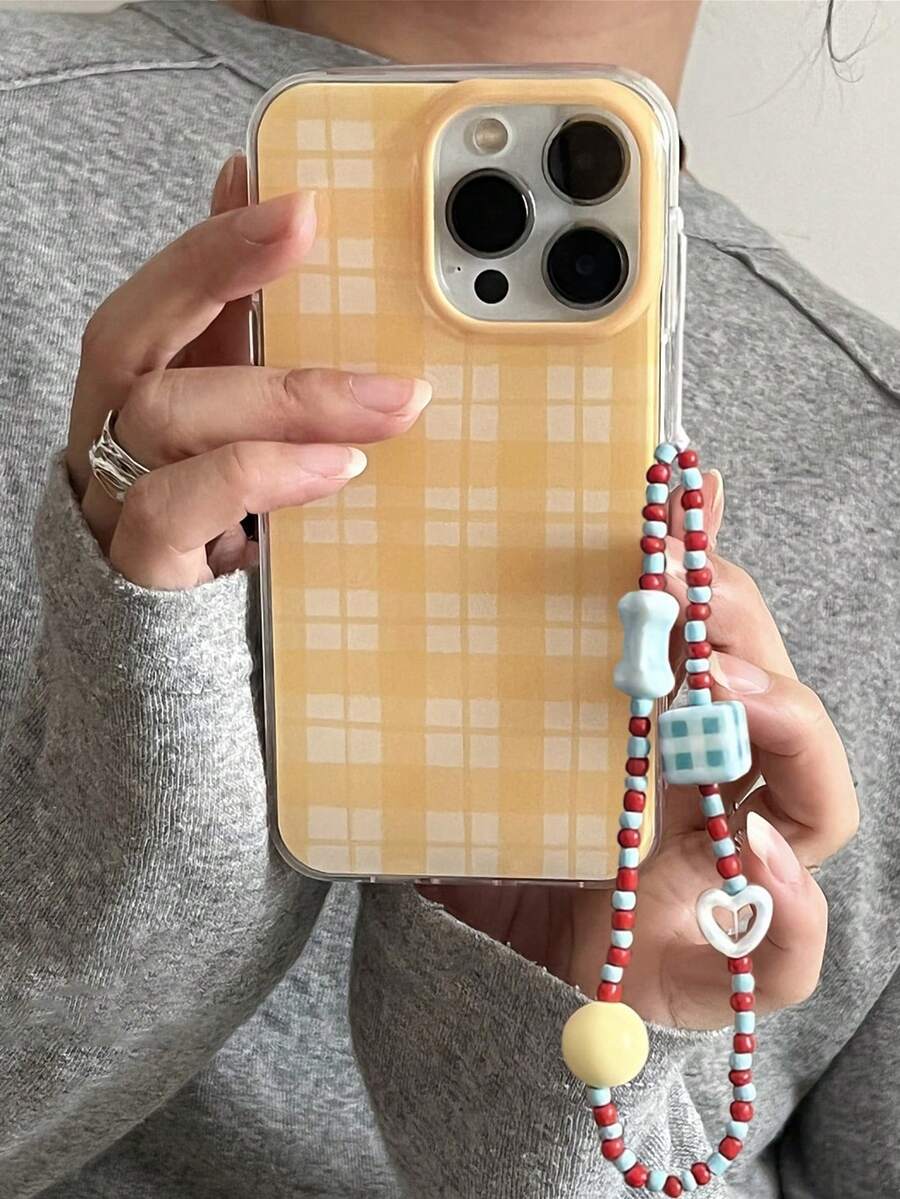 简约时尚黄色格子手机壳，兼容 17 Air、15、16、17 Pro Max、14、13 Pro、12、11 Plus，撞色手链软壳