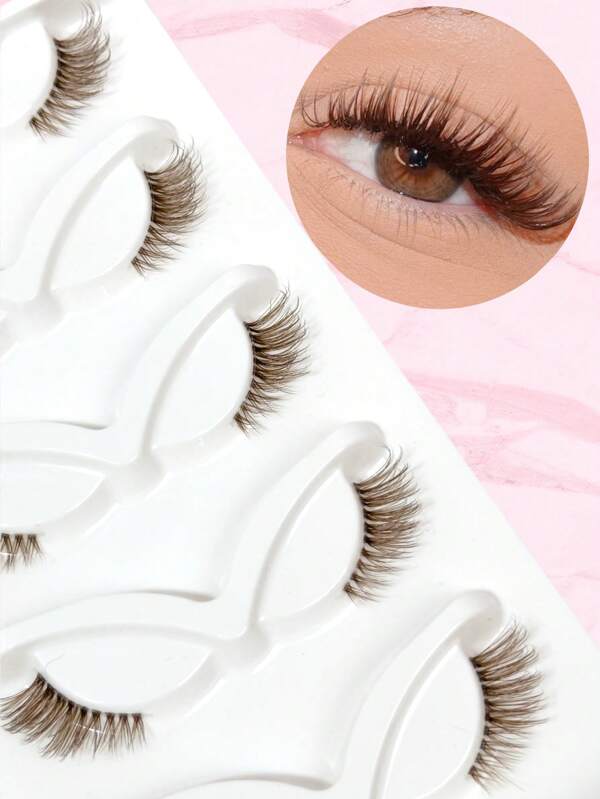 5 pares de pestañas postizas marrones de media longitud con banda transparente, pestañas postizas estilo ojo de gato de aspecto natural y esponjosas, pestañas postizas de mink falso para manga, cosplay, fiesta, club y maquillaje diario