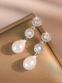 jealous young 1 pereche de cercei lungi rafinați cu zirconiu cubic rotund cu perle artificiale, potriviți pentru banchet, bal, petrecere, cadou