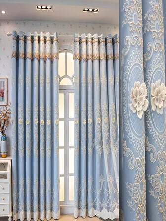 1 st [Stansade hål] Dubbelskiktad flerfärgad mörkläggningsgardin, europeisk broderad voile + mörkläggningsfoder 2-i-1, Stansade hål för snabb installation, Passar skjutdörrar i vardagsrum och sovrum, Lyxig kvalitet + Mörkläggning för sömn, Elegant heminredning, Värme- och UV-isolering