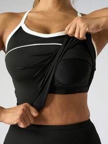 Women's Colorblock Sports Camisole, Built-In Padded Bra, Racerback Design, Supportive Yoga Workout Top Suitable For Fitness, Running Black Summer - Black - View 1