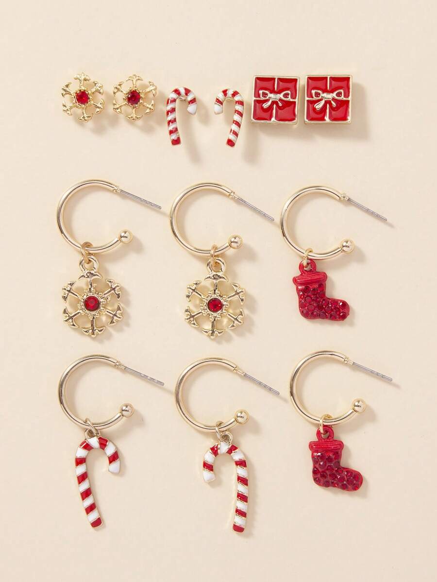 6 Pares de Brincos de Natal Conjunto com Strass de Floco de Neve, Caixa de Presente de Bengala de Natal, Meias de Natal, Combinação de Joias de Metal Fashion & Fofa, Adequado para Presentes de Feriado e Uso Casual Diário para Mulheres