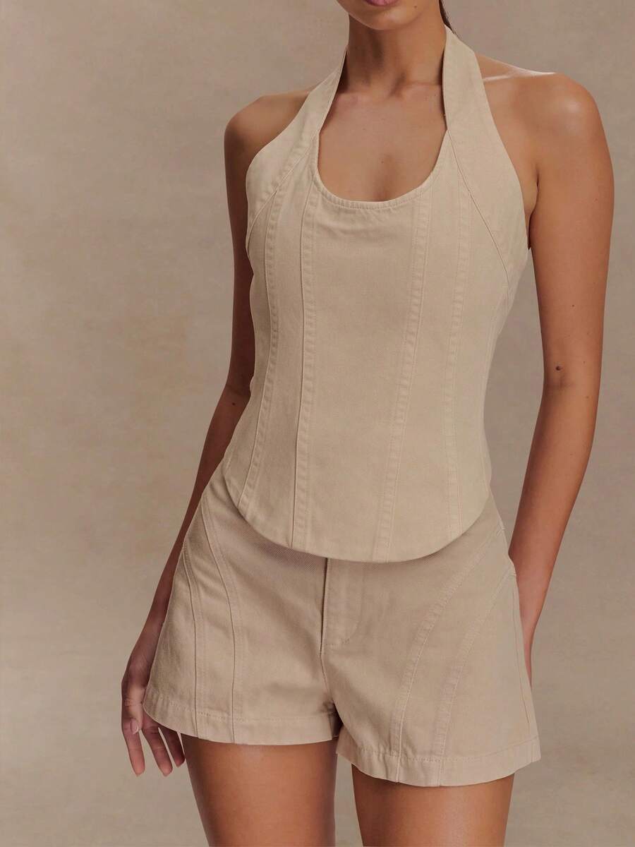 Denim Corset With A Halter Top And Backless Design, Denim Jacket And Shorts - trắng - Xem 1