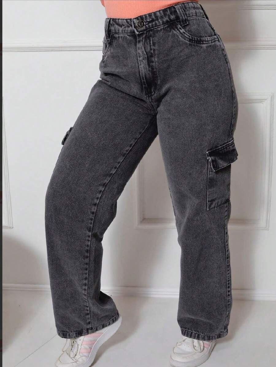 400 Women's Wide Cargo Jeans, Street Fashion, Premium, Graffiti - Xám - Xem 1