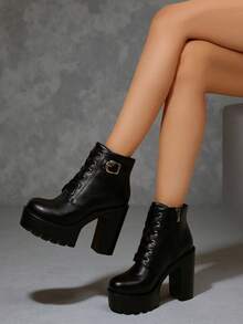 优雅女士高跟踝靴，带搭扣、系带、侧拉链设计，黑色美式风格踝靴，适合日常穿着，四季皆宜。 - 黑色 - 查看 1