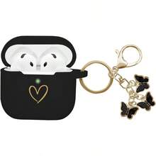 DCompatible AirPods 4 Case Cover Soft Silicone Case With Gold Heart Pattern For AirPods 4th Generation With Cute Butterfly Keychain For Girls Women Black 7001 - màu đen - Xem 1