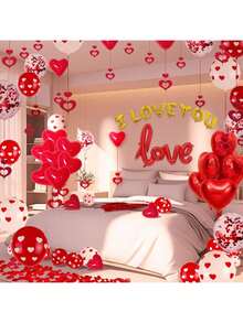 15/35/50pcs Heart-Shaped Red Foil Sequin Balloons With Red & White Heart Print, For Valentine's Day, Anniversary, Birthday, Wedding Party Decoration - Multicolor - View 2